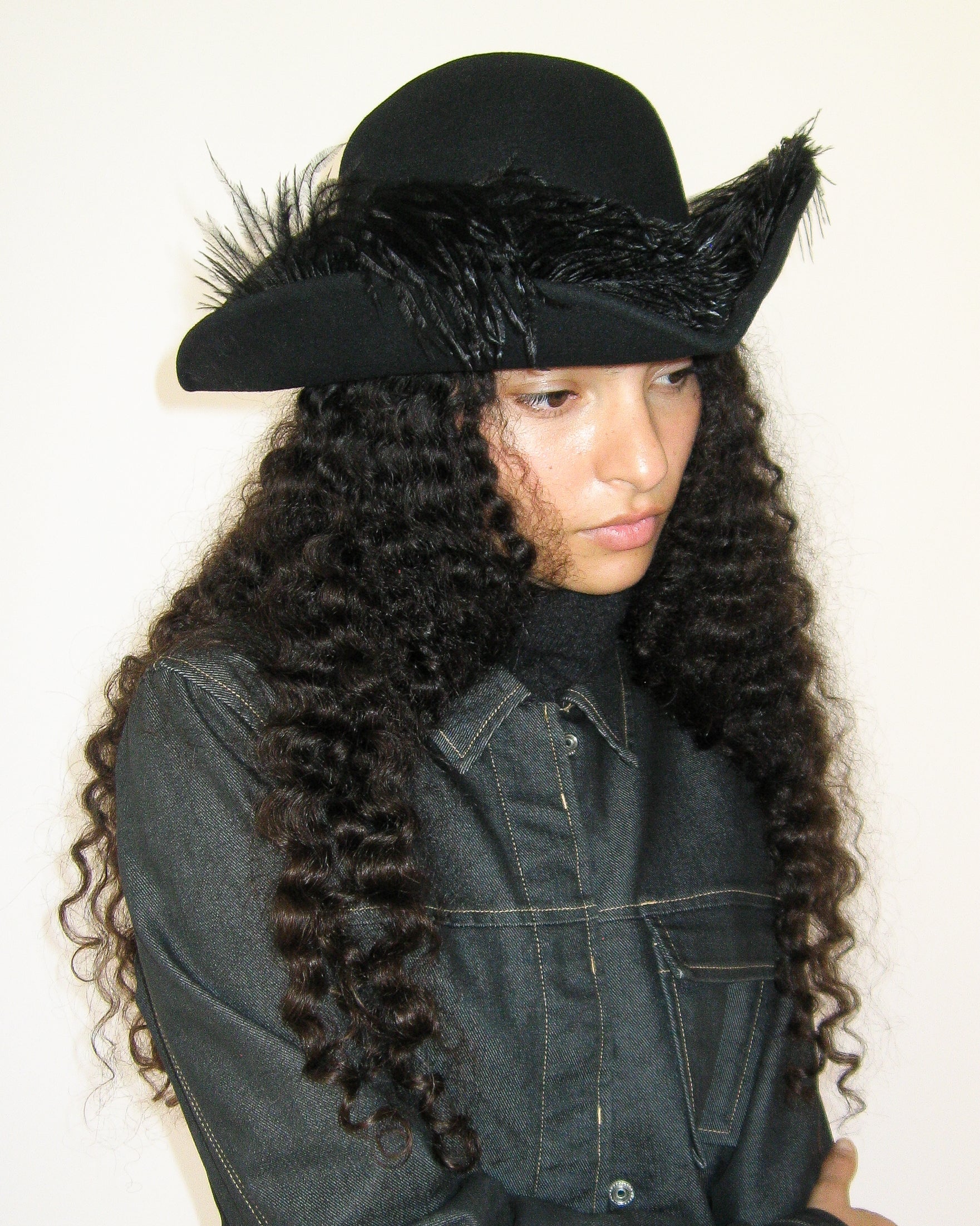 Plumed Tricorn Hat in Black Wool - CLYDE