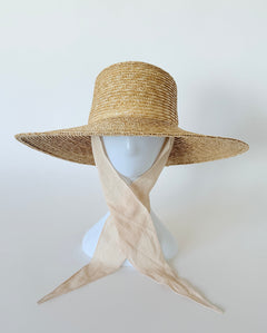Wide Brim Flat Top Hat in Sand Straw w. Neck Shade - CLYDE