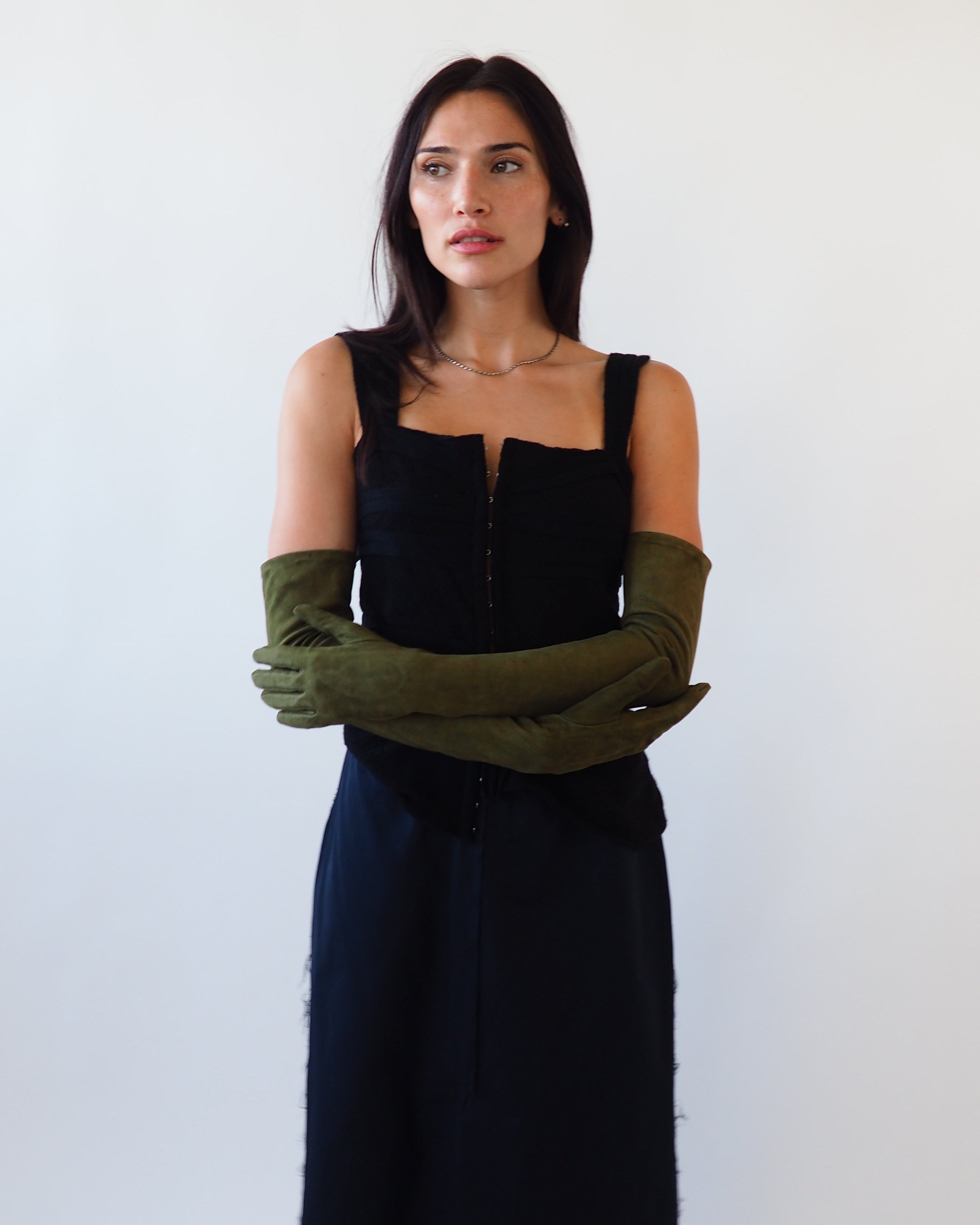Moonlight Opera Gloves in Moss Suede Lambskin - CLYDE