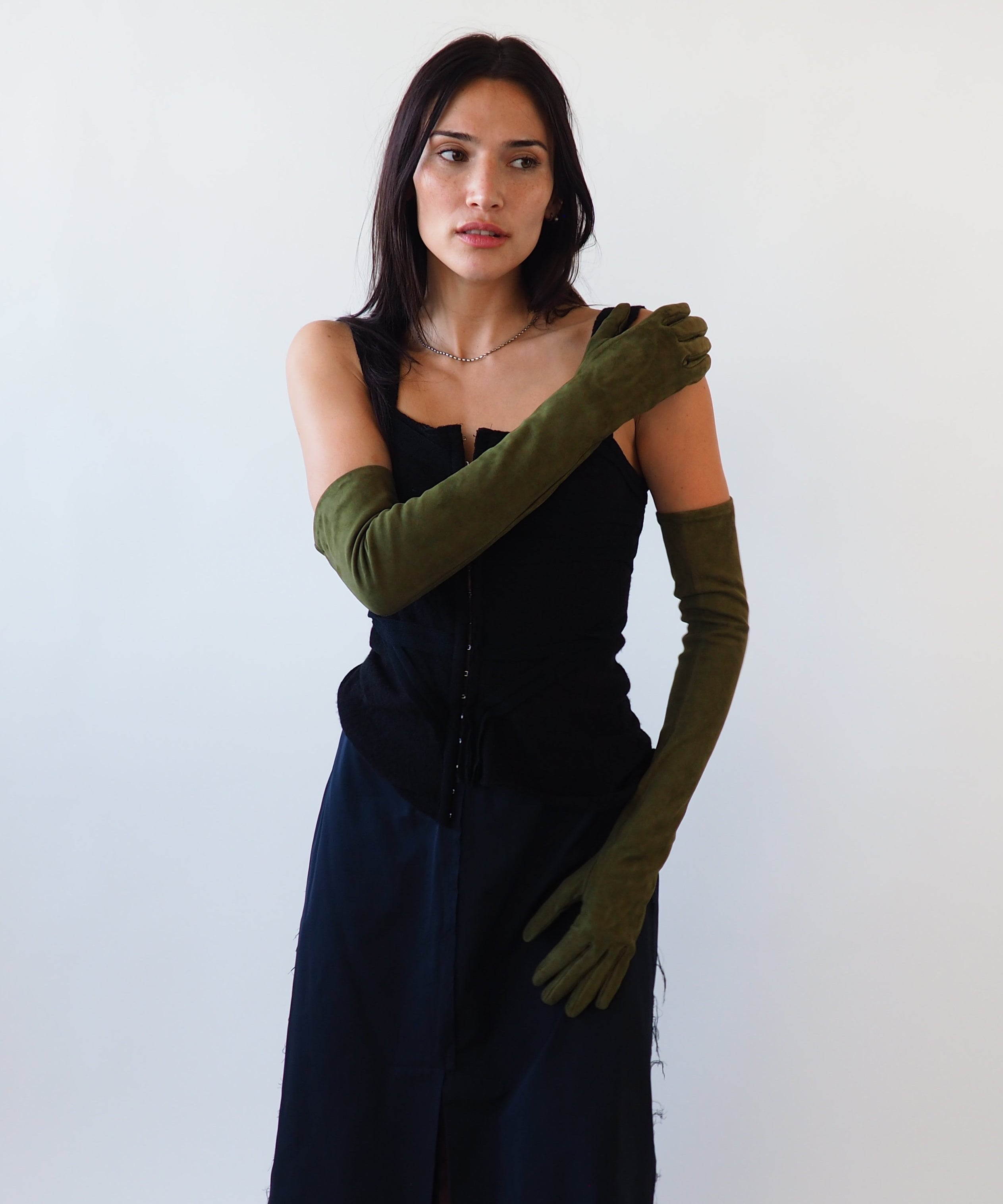 Moonlight Opera Gloves in Moss Suede Lambskin - CLYDE