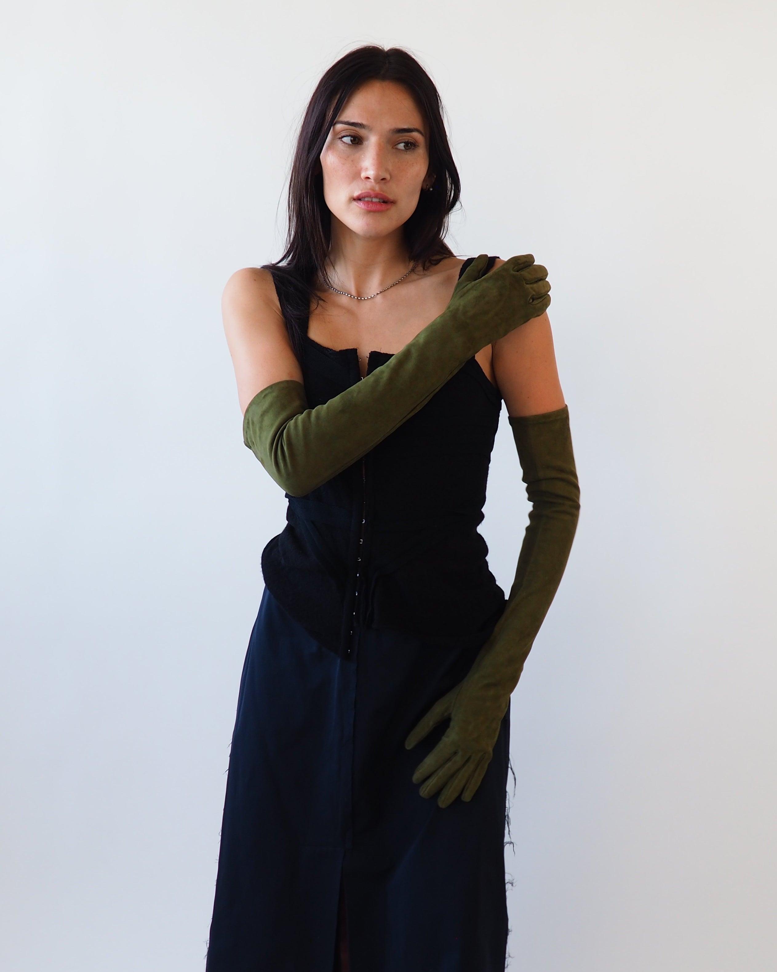 Moonlight Opera Gloves in Moss Suede Lambskin - CLYDE