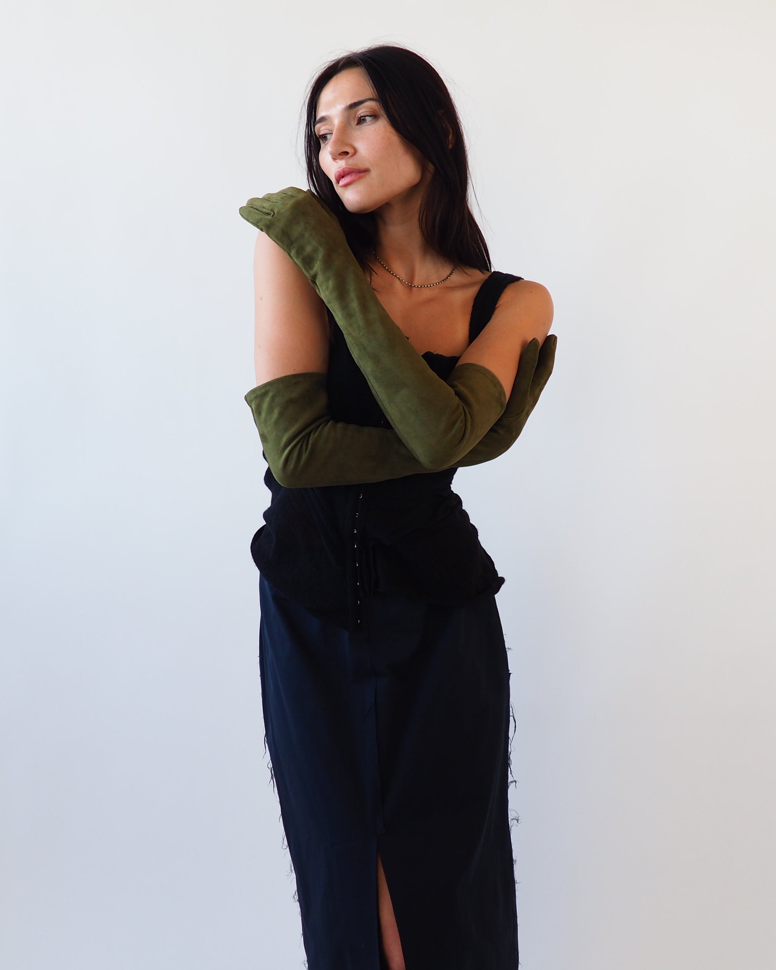 Moonlight Opera Gloves in Moss Suede Lambskin - CLYDE