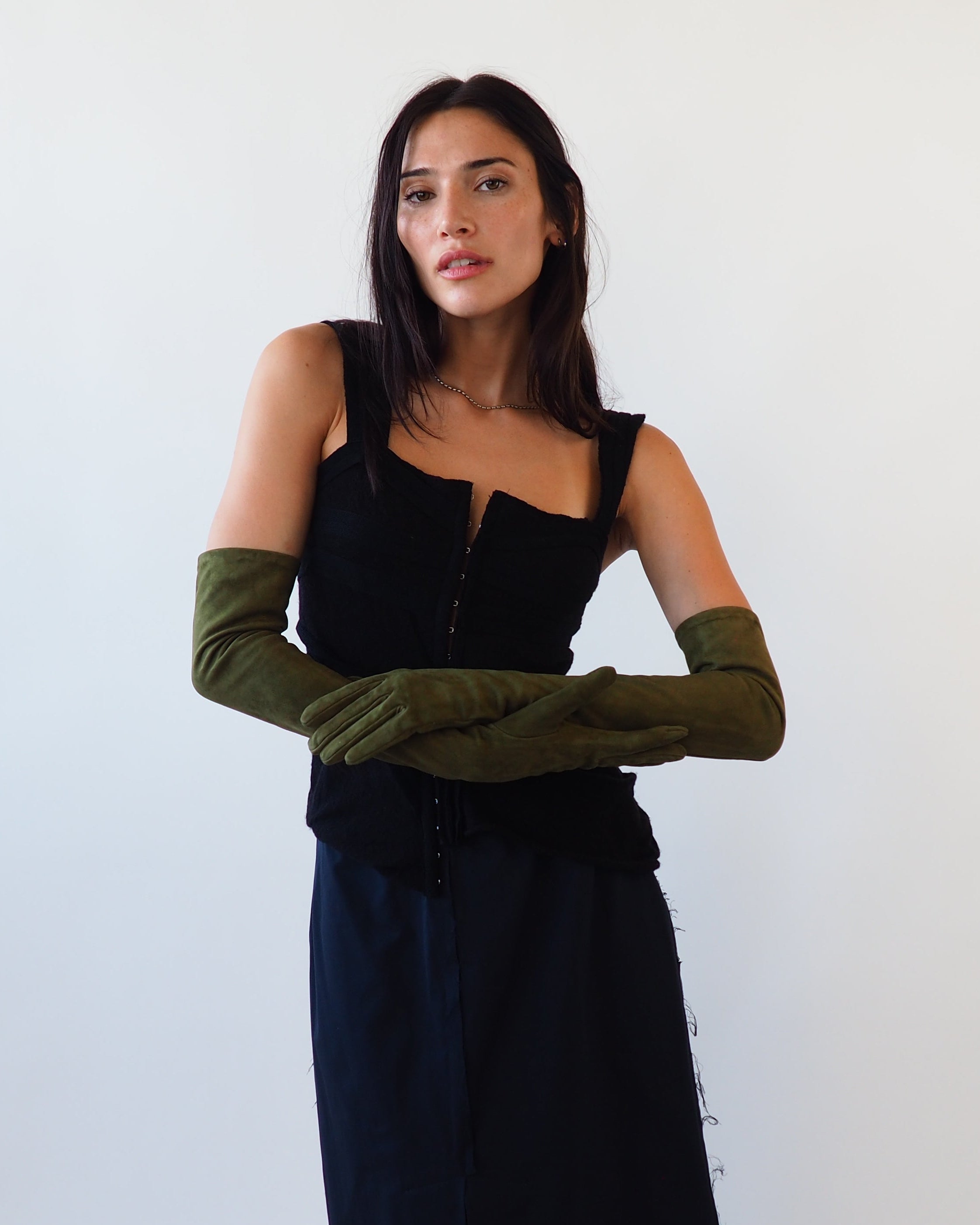 Moonlight Opera Gloves in Moss Suede Lambskin - CLYDE