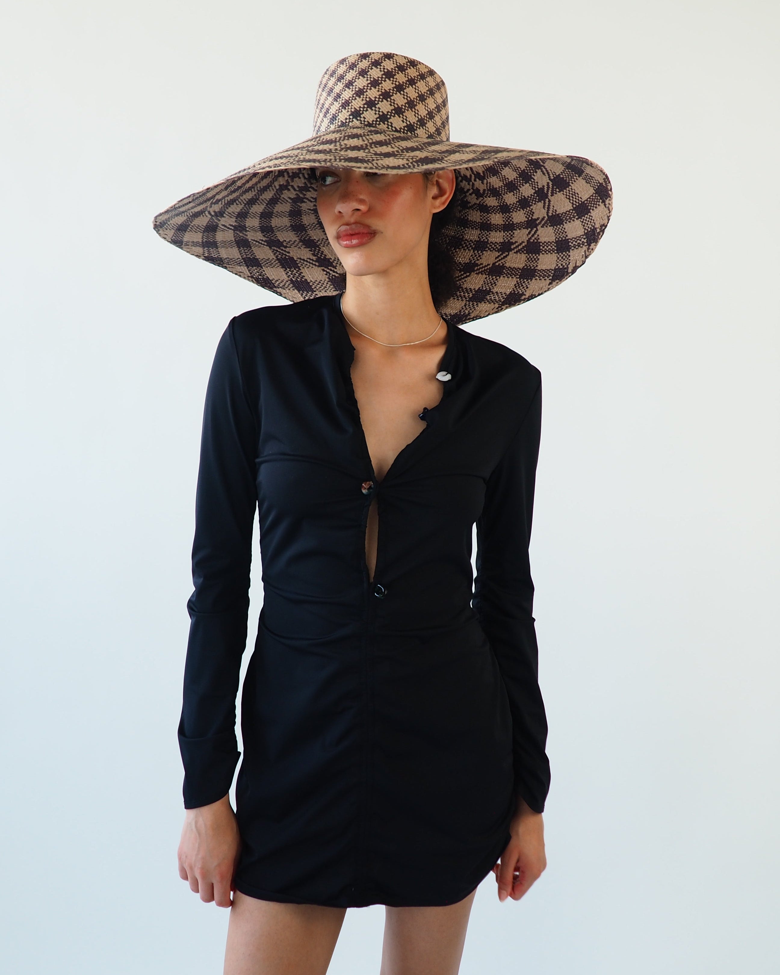 Ozone Hat in Grey & Slate Gingham Toquilla Straw - CLYDE