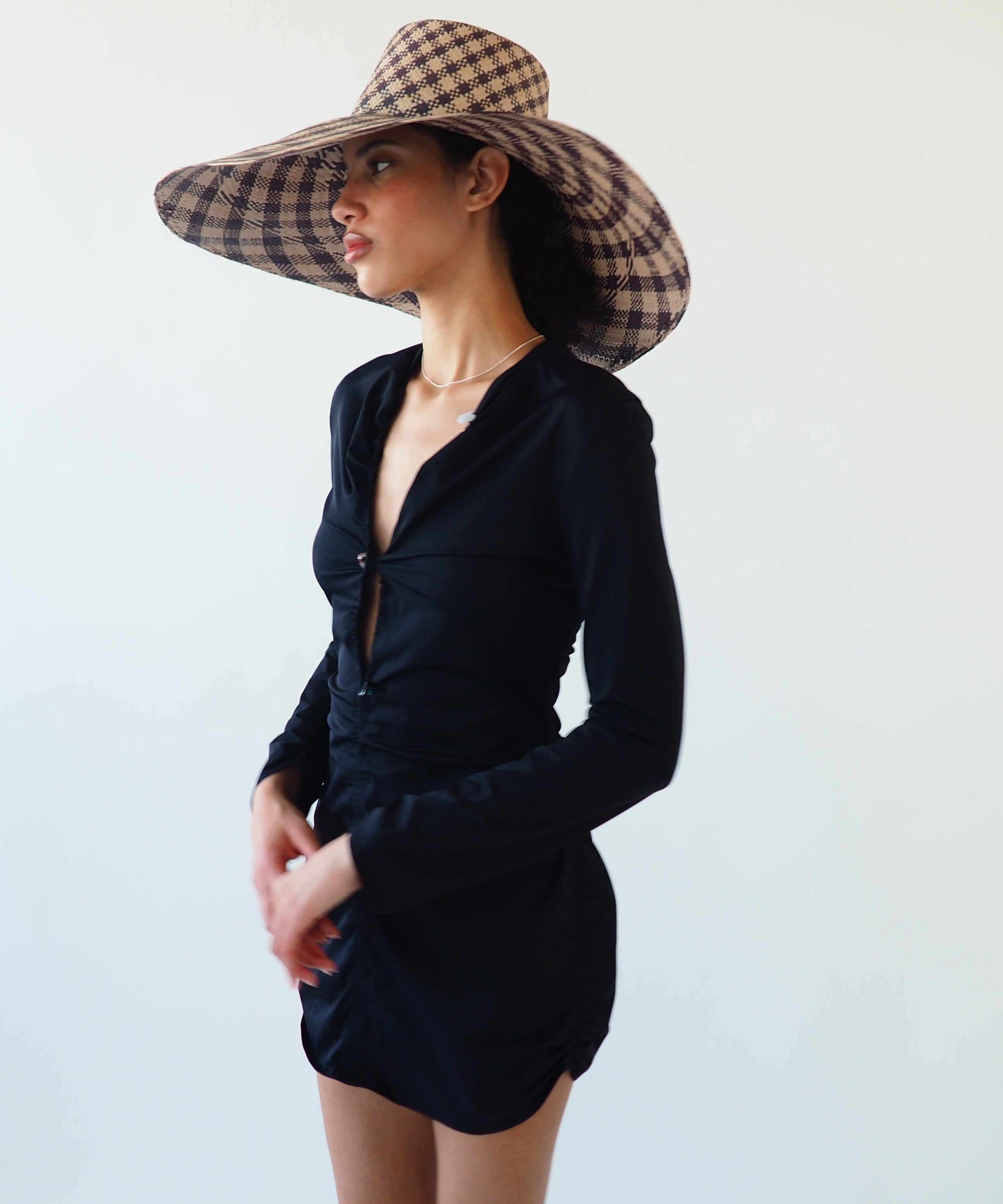 Ozone Hat in Grey & Slate Gingham Toquilla Straw - CLYDE