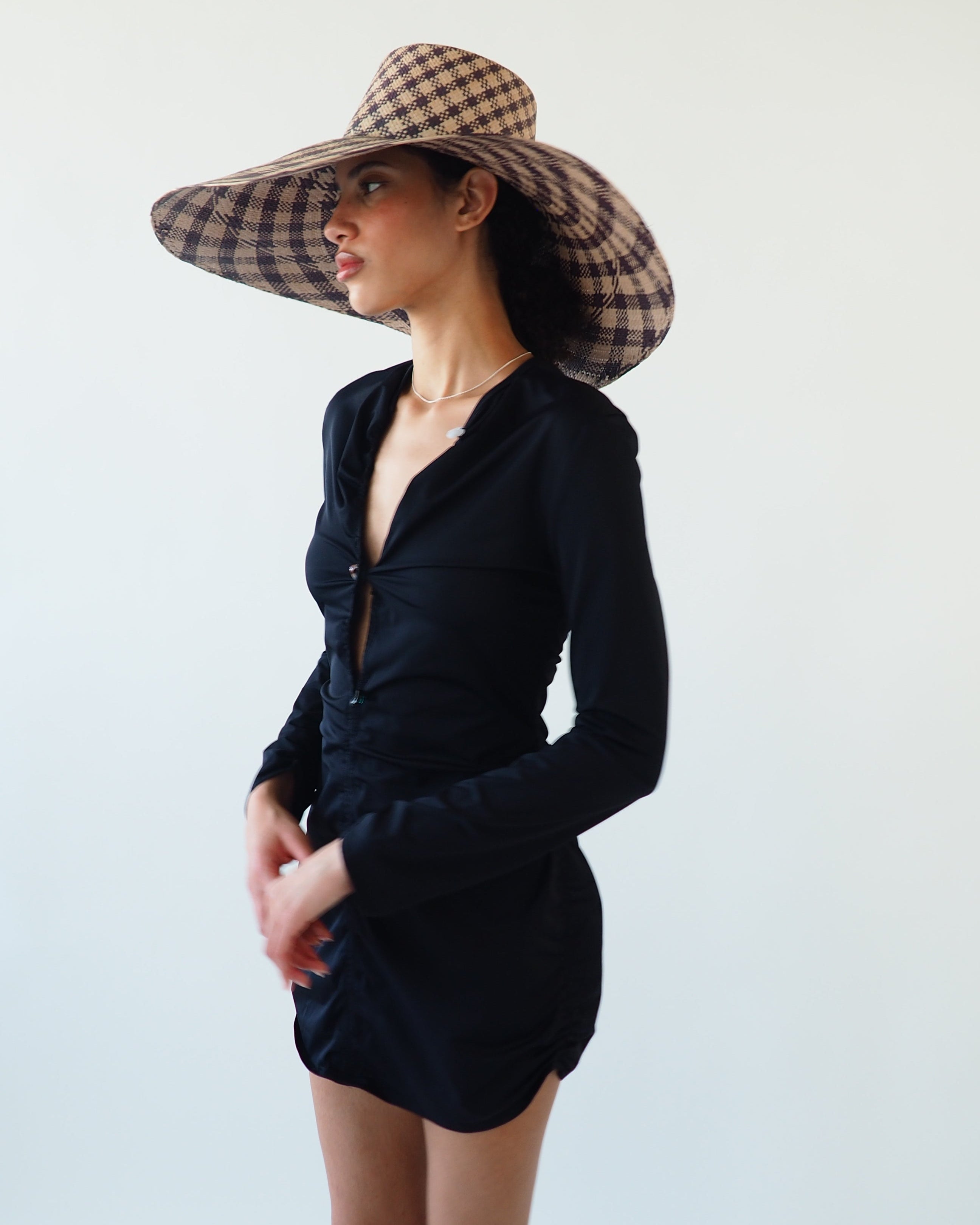 Ozone Hat in Grey & Slate Gingham Toquilla Straw - CLYDE