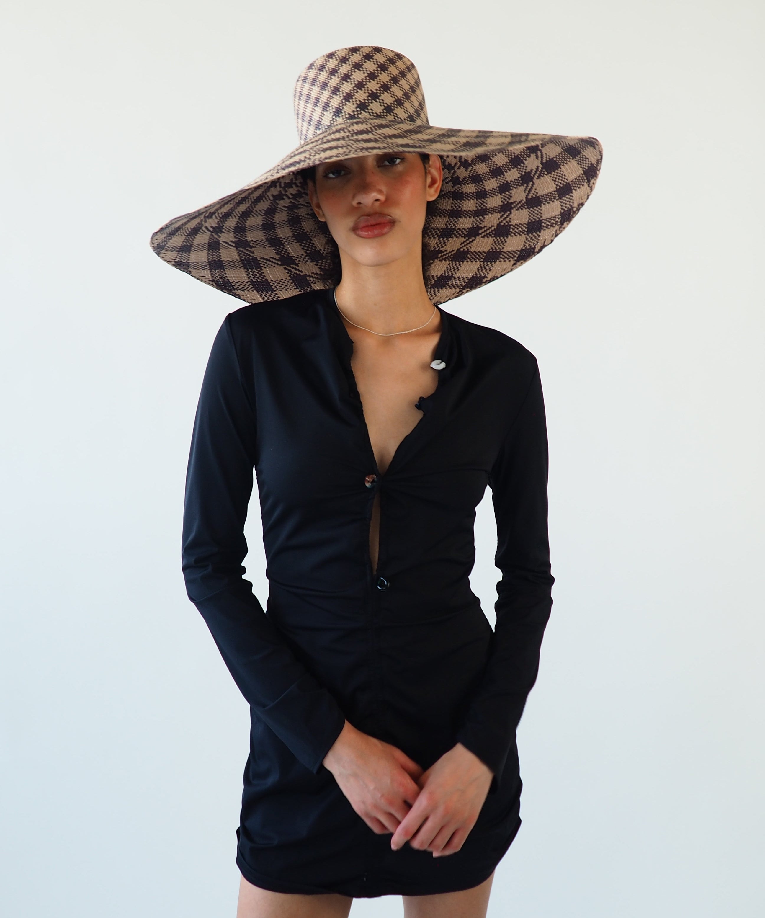 Ozone Hat in Grey & Slate Gingham Toquilla Straw - CLYDE