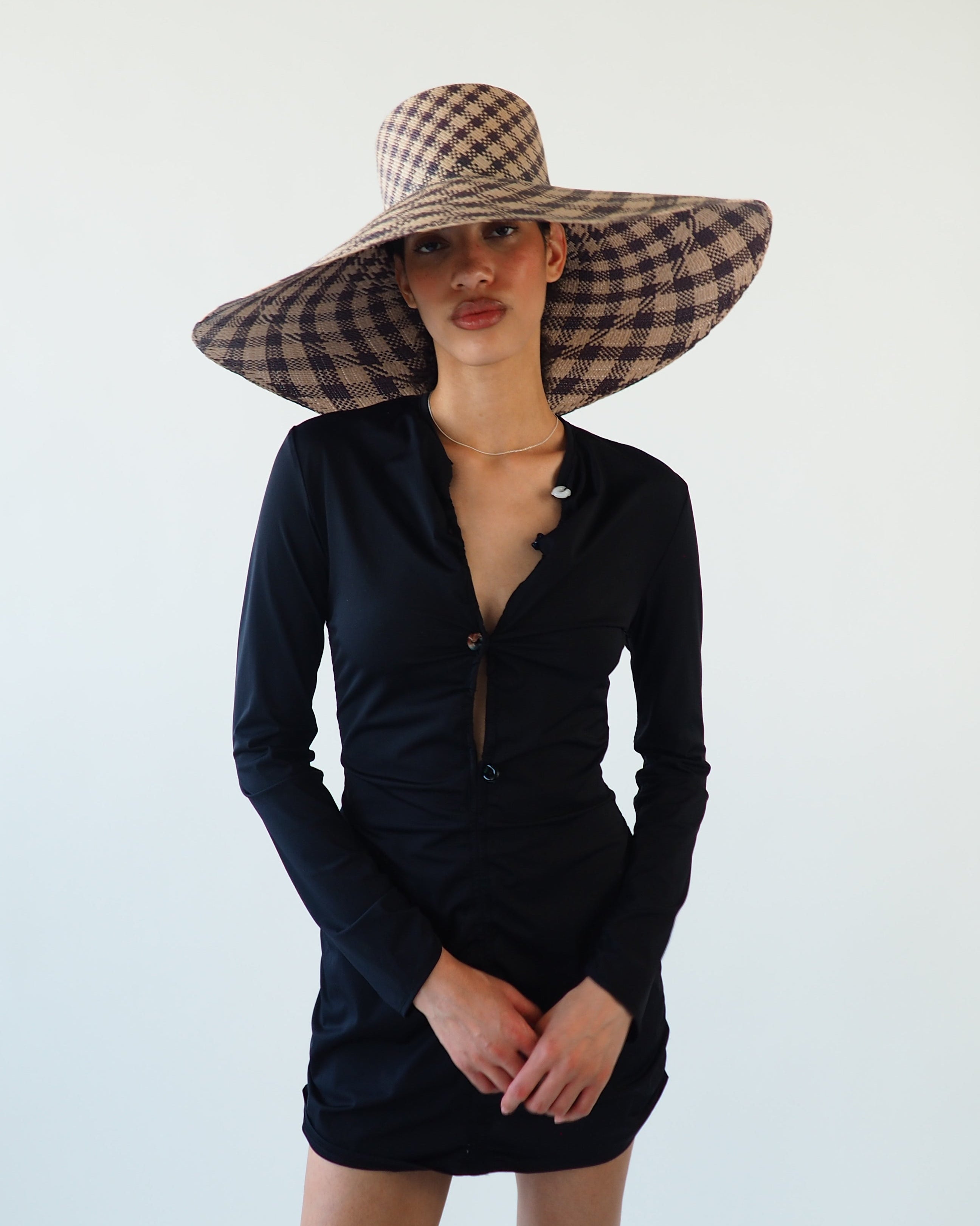 Ozone Hat in Grey & Slate Gingham Toquilla Straw - CLYDE