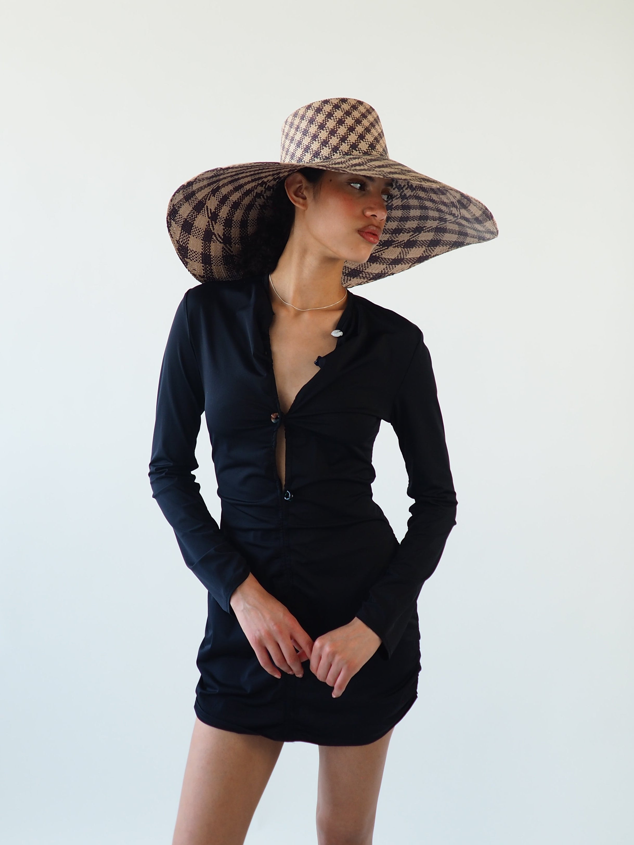 Ozone Hat in Grey & Slate Gingham Toquilla Straw - CLYDE