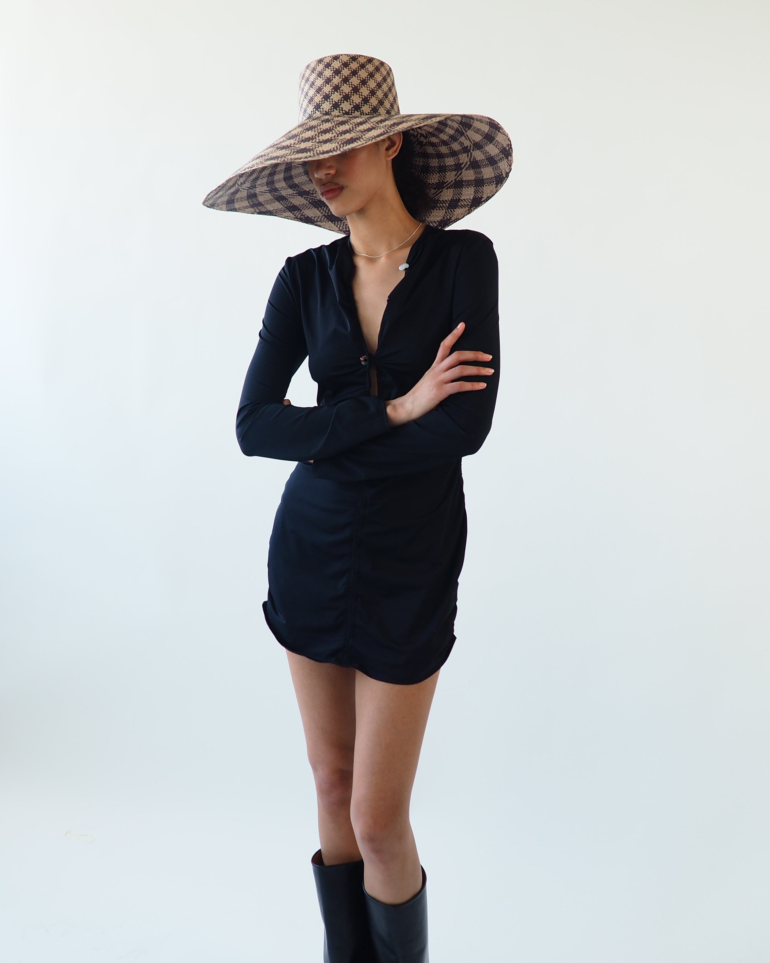 Ozone Hat in Grey & Slate Gingham Toquilla Straw - CLYDE