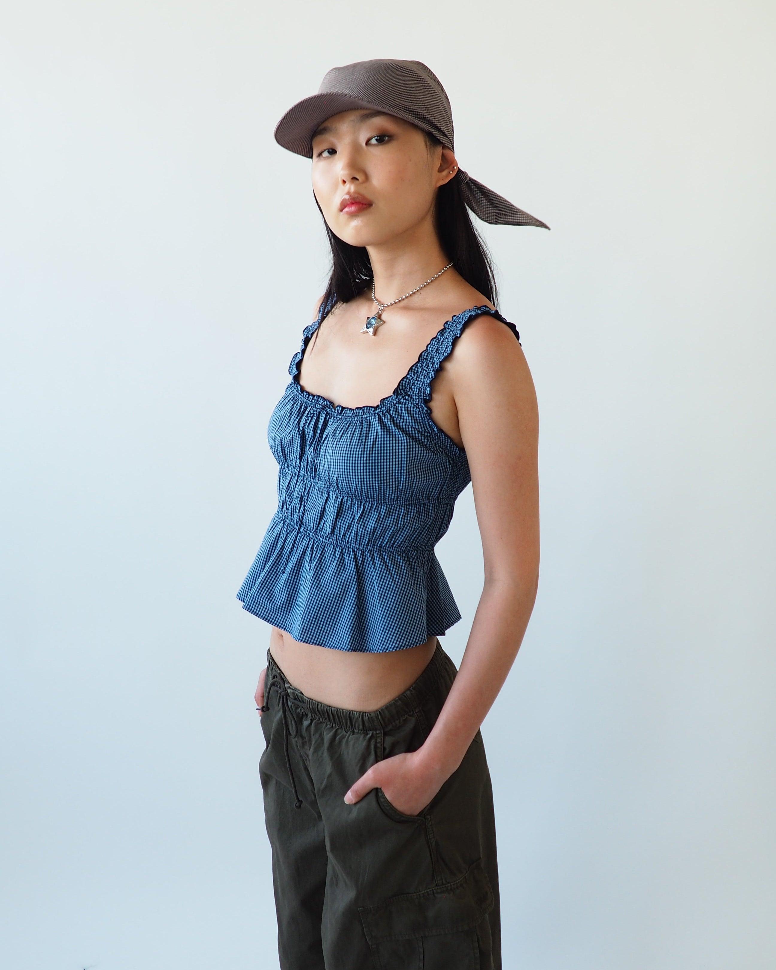 Brim Scarf in Chocolate Gingham Poplin - CLYDE