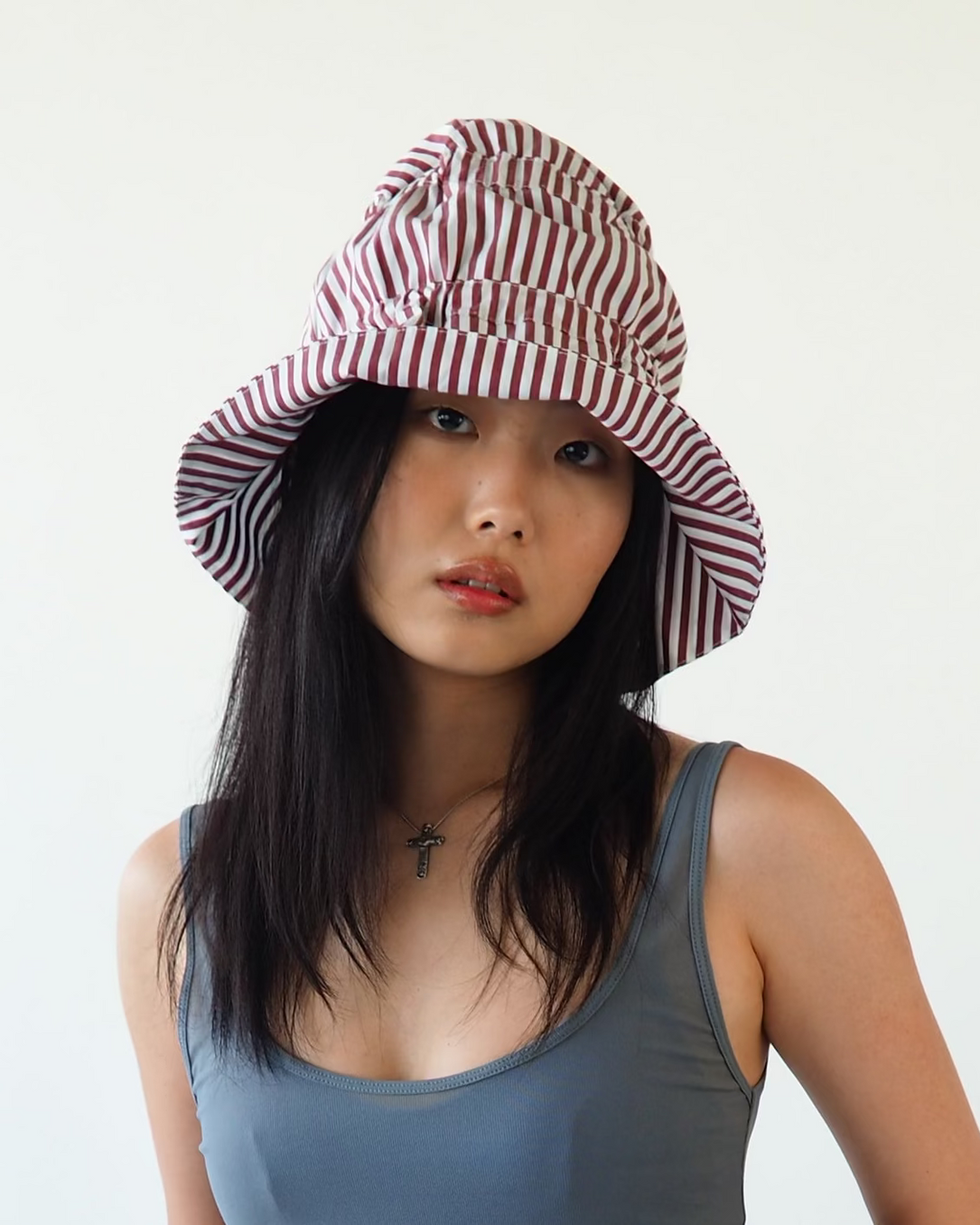 Moth Hat in Wine White Stripe Poplin - CLYDE