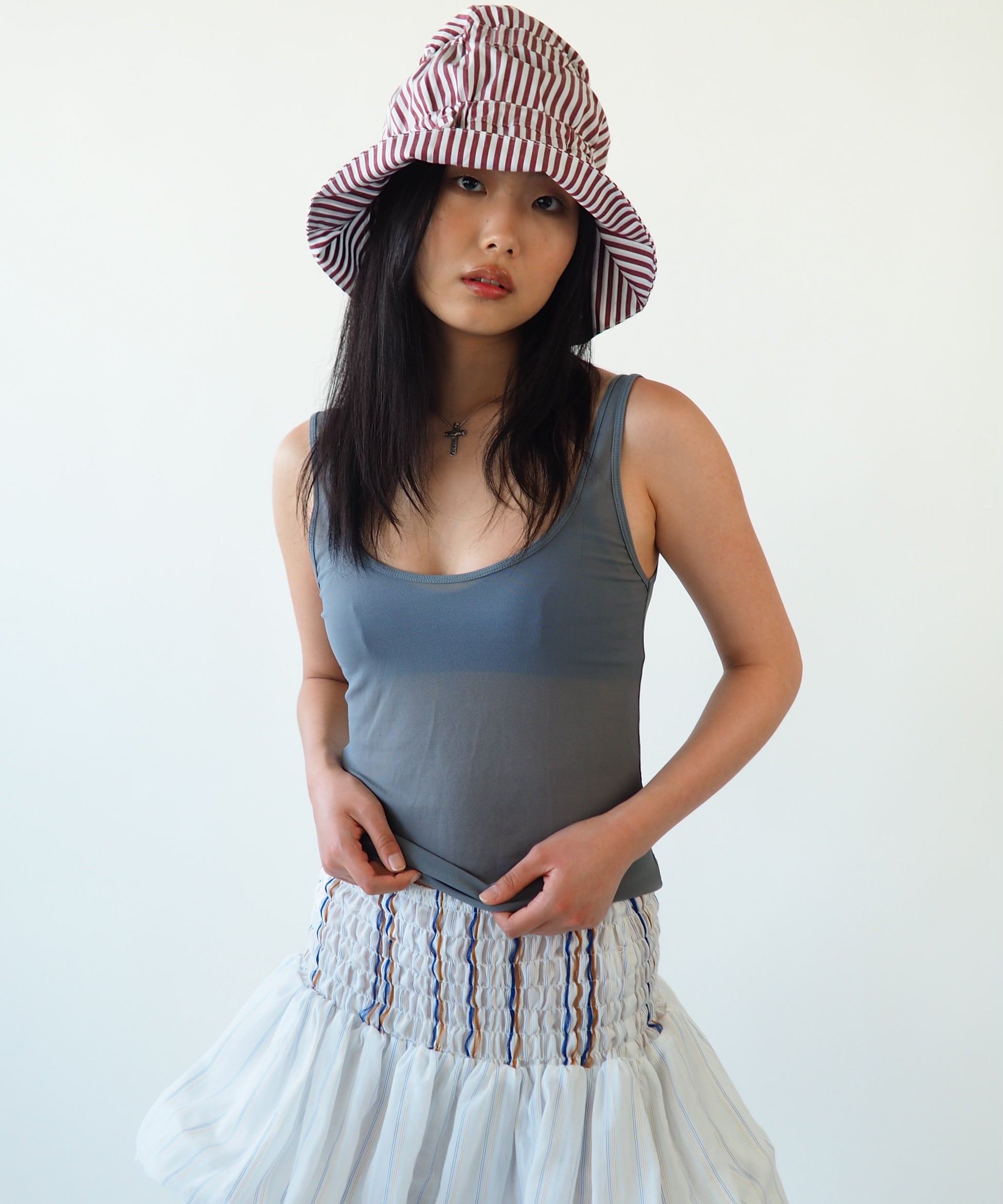 Moth Hat in Wine White Stripe Poplin - CLYDE