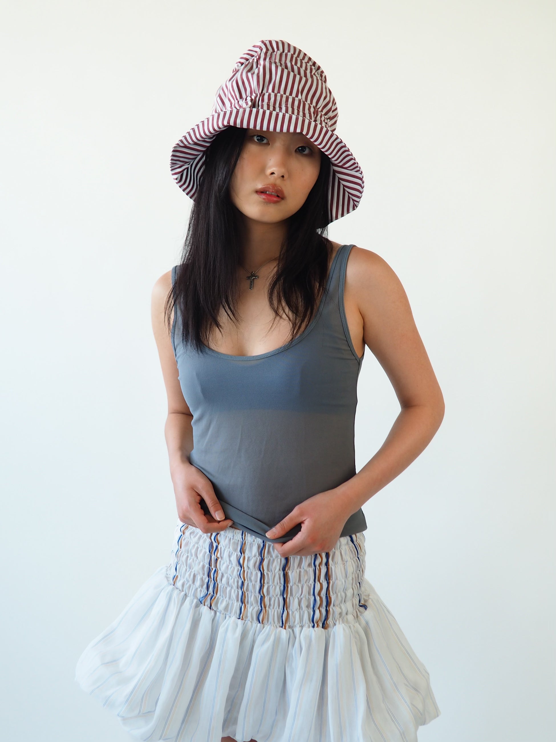 Moth Hat in Wine White Stripe Poplin - CLYDE