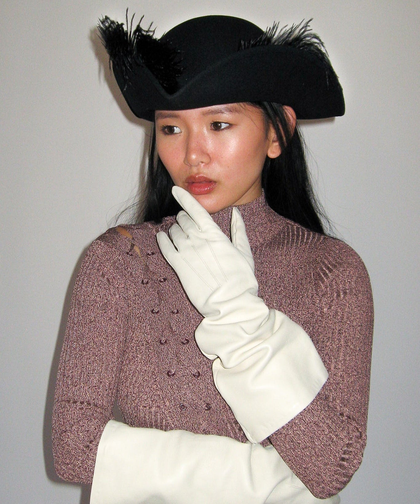 Plumed Tricorn Hat in Black Wool - CLYDE
