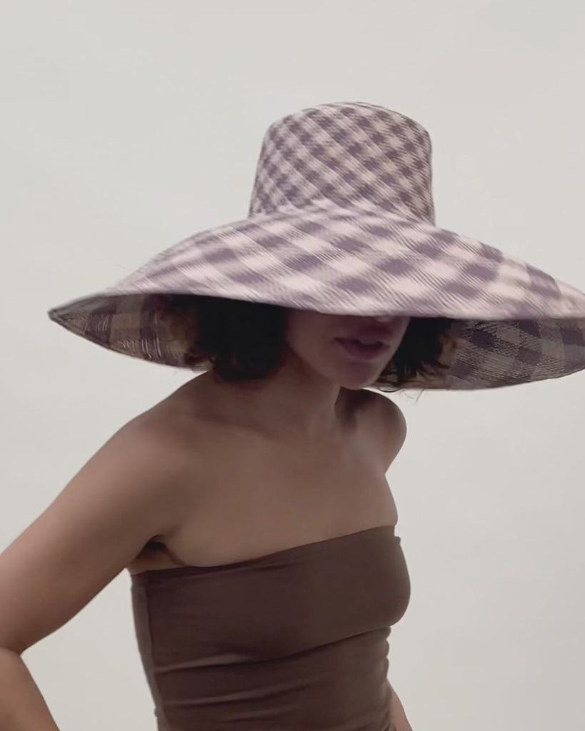 Ozone Hat in Grey & Slate Gingham Toquilla Straw - CLYDE