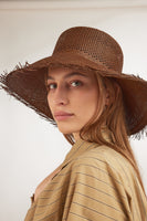Vented Flat Top Hat w. Fringe in Cacao Toquilla Straw - 3 left - CLYDE
