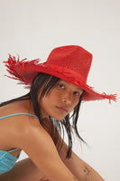 Vented Western Hat w. Fringe in Tomato Toquilla Straw - CLYDE